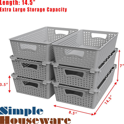 Simple Houseware Stackable Plastic Woven Basket Organizer, 6 Pack, White | 14.5" D x 8.5" W x 3.5" H
