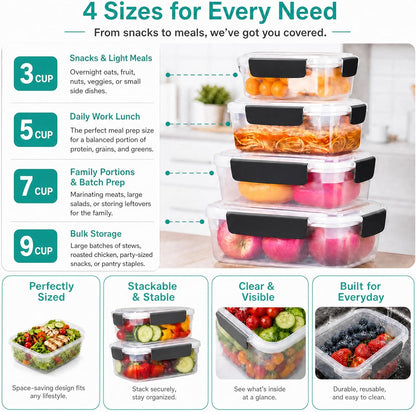 YORY 9 cup Plastic Food Storage Containers with Lids Nestable Freezer Dishwasher Safe Rectangle Meal Prep Container Set,5-Pack