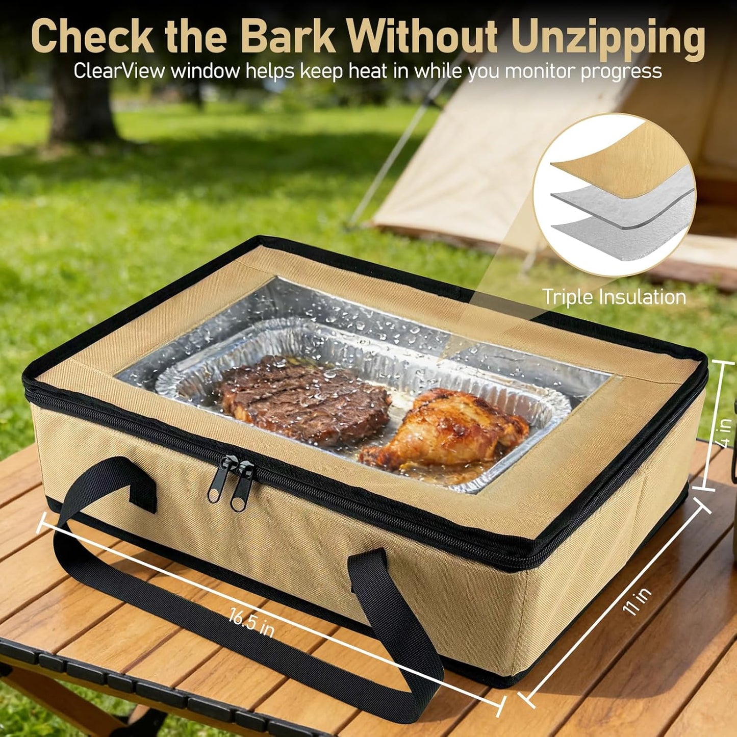 BANGIE BBQ Meat Resting Blanket & 9x13 Foil Pan Carrier - Leakproof Insulated Casserole Transport Bag with Visual Window, Rigid Hard Bottom - Birthday Father's Day Grilling Gifts for Men, Dad,Green