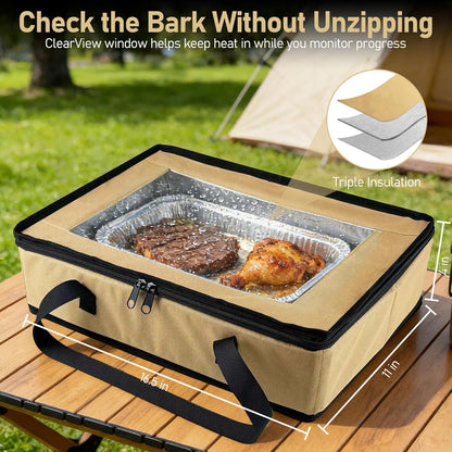 BANGIE BBQ Meat Resting Blanket & 9x13 Foil Pan Carrier - Leakproof Insulated Casserole Transport Bag with Visual Window, Rigid Hard Bottom - Birthday Father's Day Grilling Gifts for Men, Dad,Green