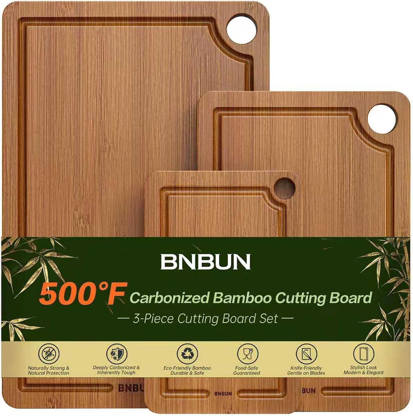Bamboo Cutting Board for Kitchen – 3-Piece Wooden Boards with Juice Grooves, Side Handles, Non-Slip Mats – Perfect for Meat, Veggies Fruit,Cutting Board & Knife Sets – Ideal Kitchen Gift