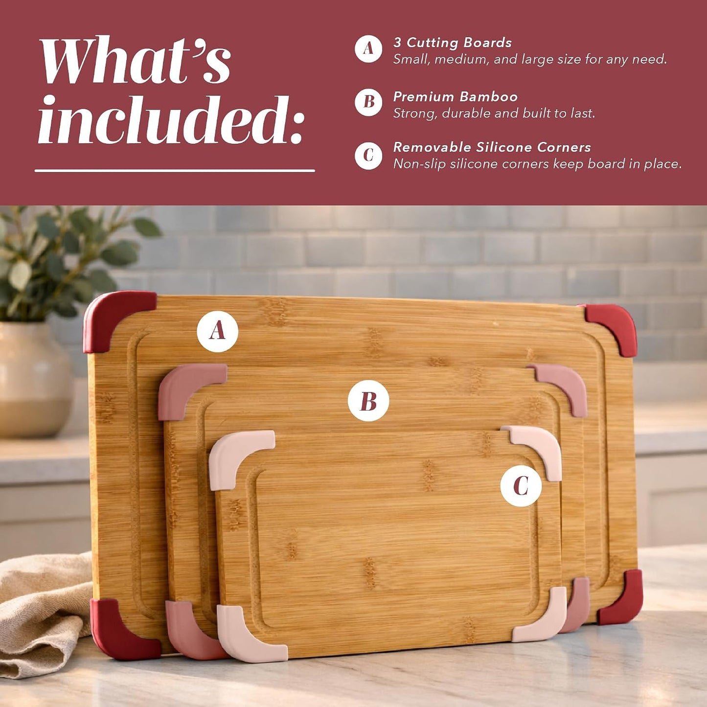 COOK WITH COLOR Non-Slip Cutting Board Set – Kitchen Essentials with Easy Grip Handle for Meat, Veggies, and Fruits, 3 Cutting Boards, Bamboo Non-Slip Grey