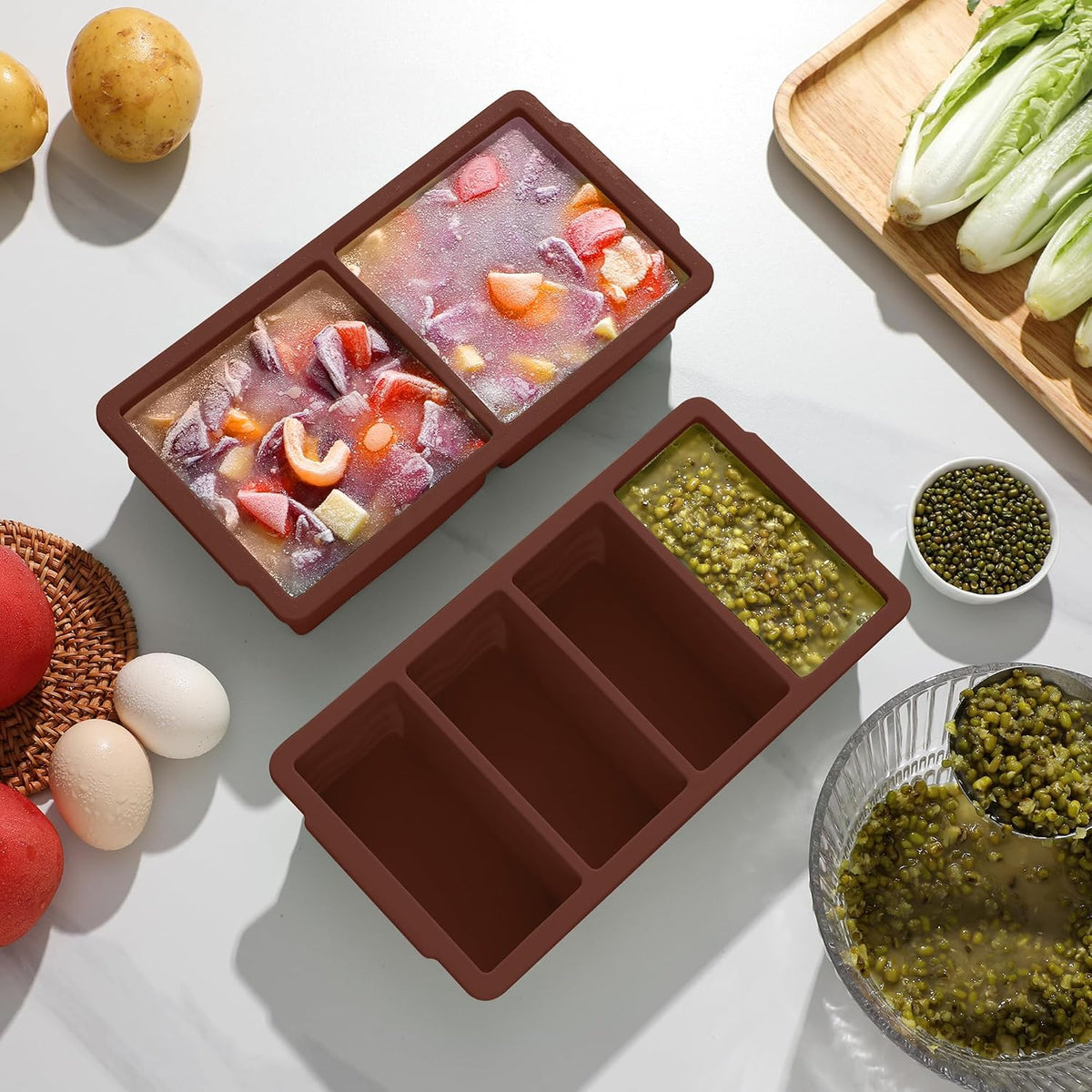 Silicone Freezer Trays with Lid for Soup, 1-Cup & 2-Cup Large Ice Cube Molds Food Storage Containers for Meal Prep, Freeze 500mL/250mL/125mL Portions – 2 Pack