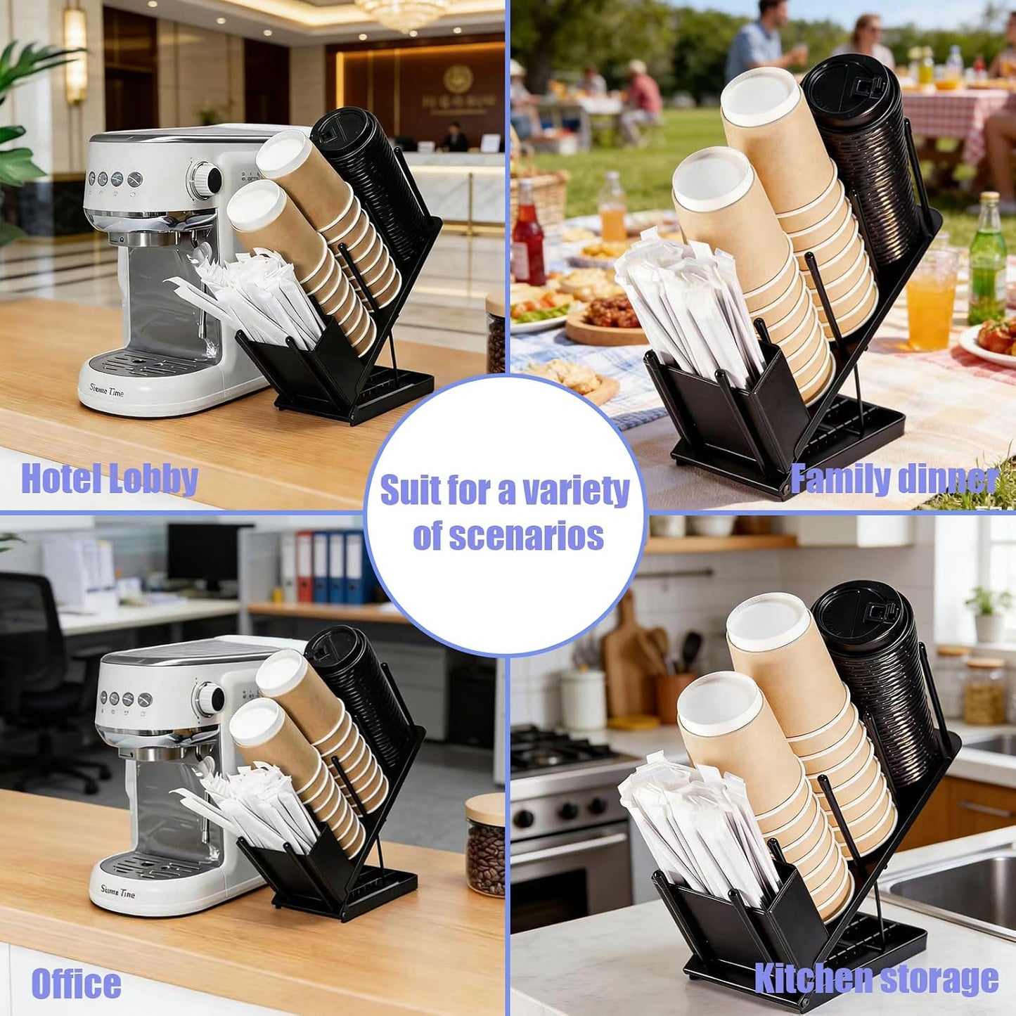 Adjustable Coffee Cup and Lid Holder, Disposable Cup Dispenser Organizer Stand for Countertop Coffee Bar Station, Bakery & Breakroom, Fits 3.14 Inch Cup Mouth (8oz/10oz/14oz/16oz Cups)