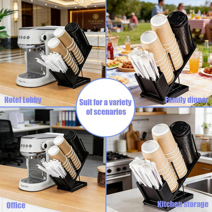 Adjustable Coffee Cup and Lid Holder, Disposable Cup Dispenser Organizer Stand for Countertop Coffee Bar Station, Bakery & Breakroom, Fits 3.14 Inch Cup Mouth (8oz/10oz/14oz/16oz Cups)