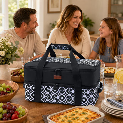 Double Layer Insulated Casserole Carrier, Fits 9" x 13" Baking Dish, Food Transport Carrier with Utensil Pocket for Hot & Cold Dishes, Reusable Potluck Tote for Thanksgiving, Parties&Family Gatherings