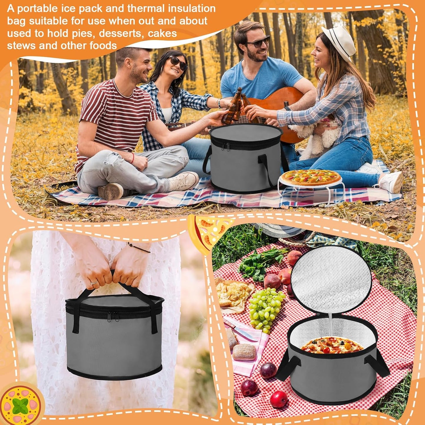 Yaomiao 2 Set Round Pie Carrier 11 x 7 Inch with Dish Tray Plate Stacker Insulated Casserole Carrier with Lid and Handle Reusable Cooler Thermal Bag for Cold Food for Potluck Picnic (Black and Purple)