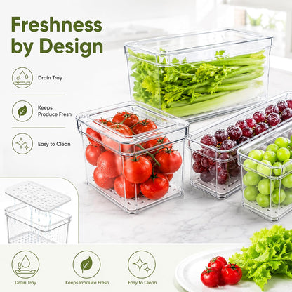 10 Pack Clear Fridge Organizer Bins with Lids, Plastic Storage Totes for Refrigerator, Pantry, Kitchen and Bathroom Vanity, Stackable Food Storage Boxes for Fruits, Vegetables, Cereals and Snacks