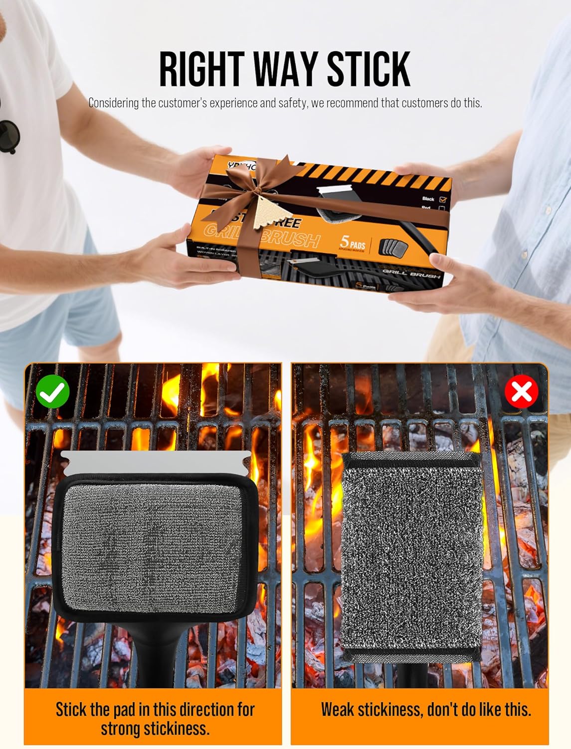 Grill Brush Bristle Free, Grill Cleaner Brush with 5 Replacement Heads, Ultra Safe Grill Brush for Outdoor Grill, Cast Iron, Stainless Steel Grates, Grill Scraper Outdoor BBQ Grill, Black