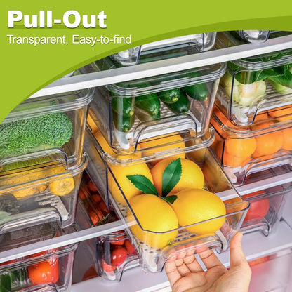 Fruit Storage Container for Fridge with Pull-Out Drawer, Drain Layer | 3 Pack, Keeps Fruits and Vegetables Fresh & Dry, Stackable Design, Clear View, Helps Reduce Odors, with Anti-Slip Base