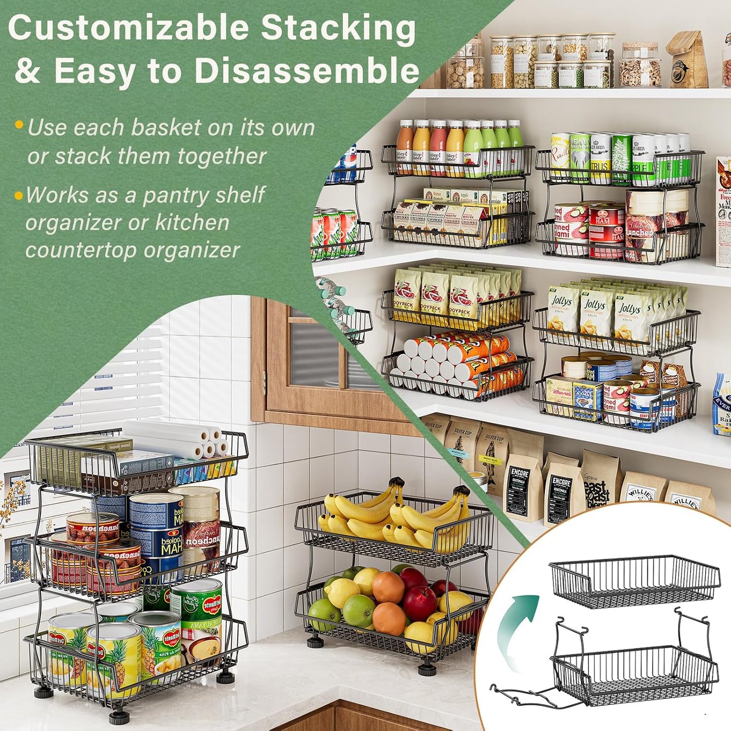 OKZEST 3-Tier Rolling Pantry Floor Organizer and Storage Cart with Wheels, Stackable Wire Pantry Baskets for Pantry Shelves, Kitchen Storage Rack and Fruit Basket Stand for Fruit Snack Onion Potato
