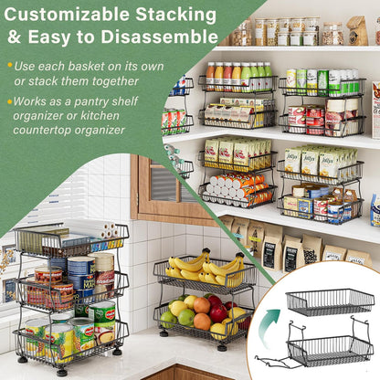 OKZEST 3-Tier Rolling Pantry Floor Organizer and Storage Cart with Wheels, Stackable Wire Pantry Baskets for Pantry Shelves, Kitchen Storage Rack and Fruit Basket Stand for Fruit Snack Onion Potato