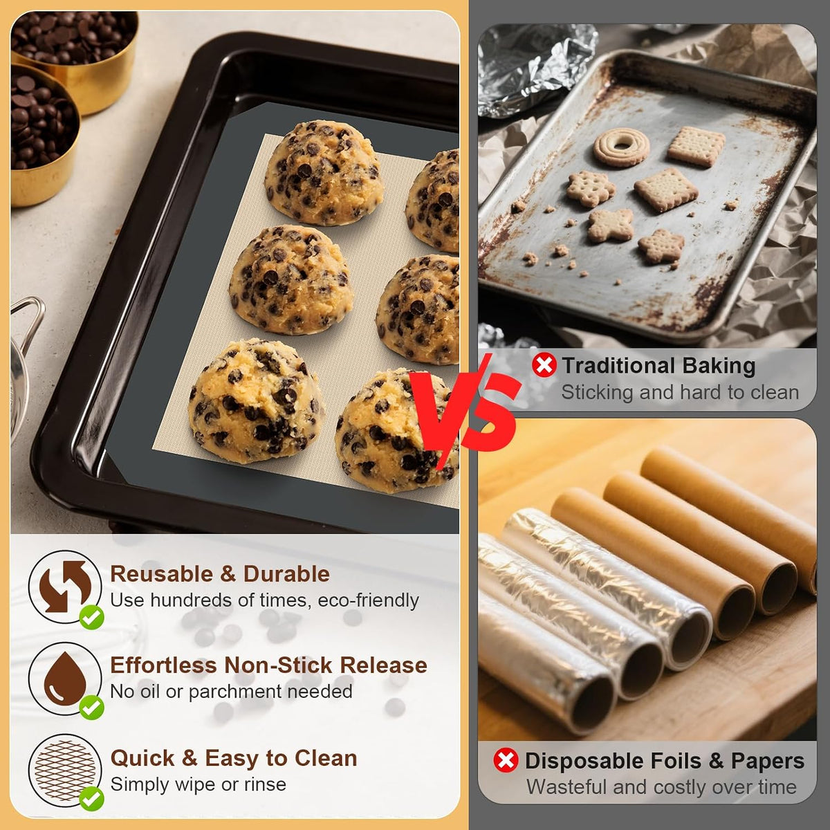 HOTEC Silicone Baking Mats 3 Pack – Non-Stick Reusable Silicone Baking Sheets for Oven – Cookie & Macaron Mats – 2 Half Sheet + 1 Quarter Sheet – BPA-Free, Dishwasher Safe