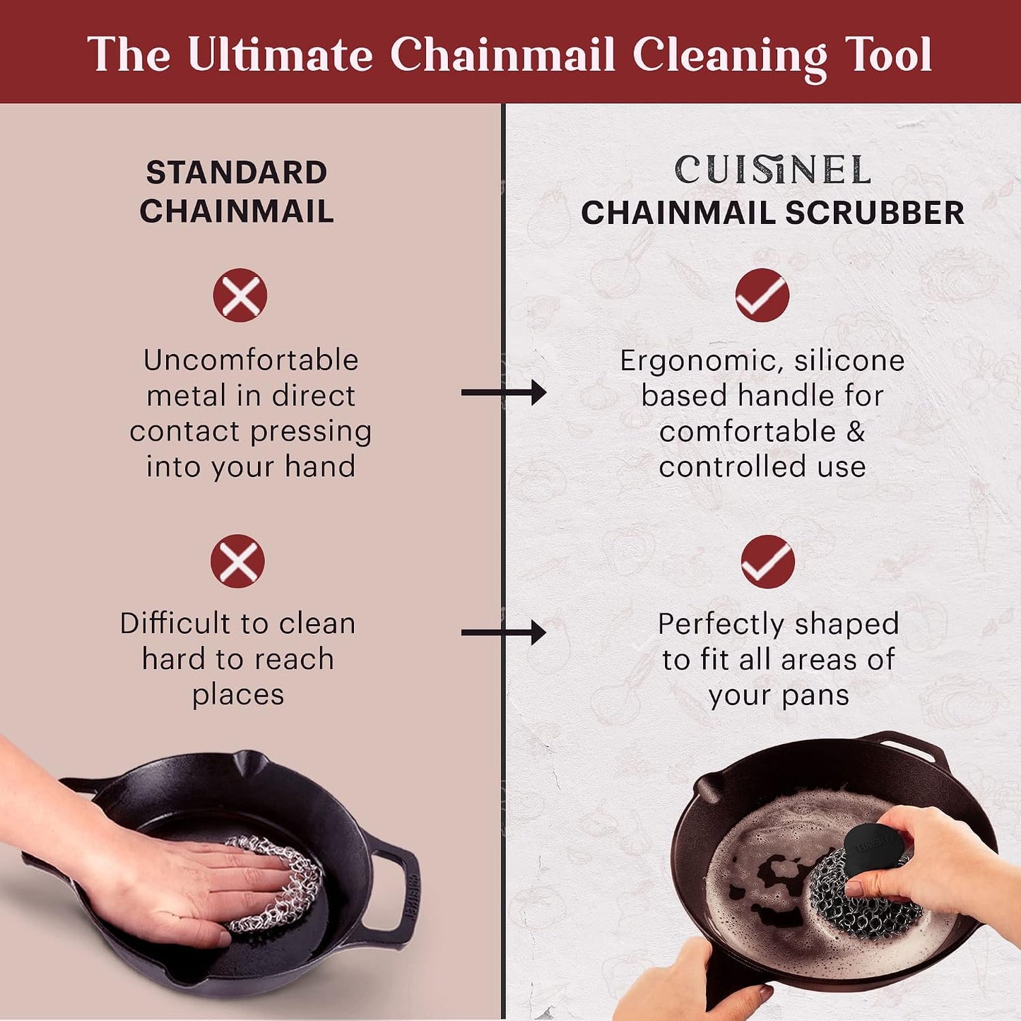 Cuisinel Cast Iron Scrubber Cleaning Brush + Pan/Grill Scraper - Skillet and Grill Cleaner Kit - Soft-Touch Confident-Grip Dish Scrub Tool - Tough on Grease, Gentle on Metal and Non-Stick Cookware