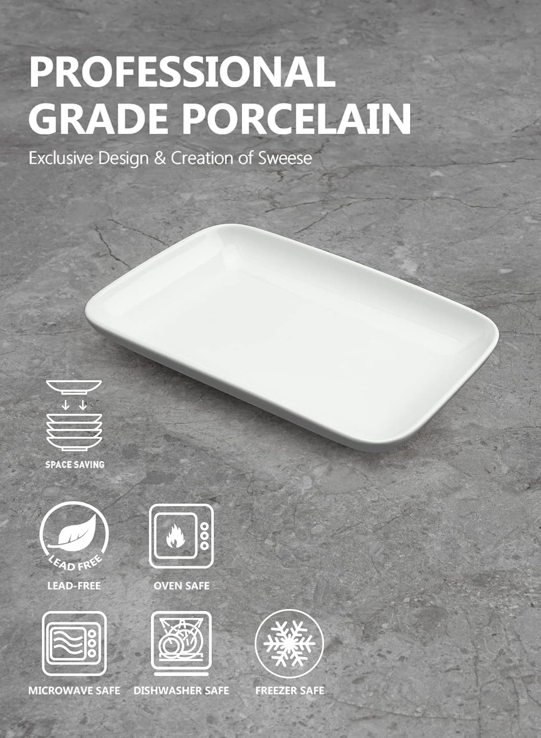 Sweese 8 Inch Rectangular Salad Plates, Porcelain Dessert Plates, Small White Serving Trays for Salad, Fruit, Sushi Appetizer and Parties - Stackable, Set of 6, White