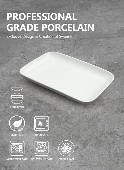 Sweese 8 Inch Rectangular Salad Plates, Porcelain Dessert Plates, Small White Serving Trays for Salad, Fruit, Sushi Appetizer and Parties - Stackable, Set of 6, White