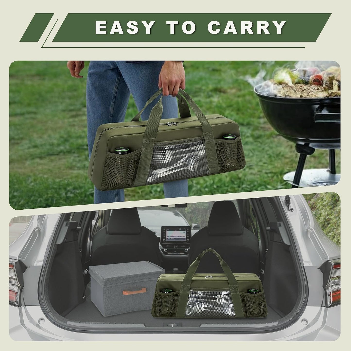 HODRANT Grill Tool Storage Bag, Outdoor BBQ Utensil Holder for Barbecue Tool up to 22", Large Grill Utensil Storage Caddy with Pockets, BBQ Accessories Case Container for Camping, Bag Only, Black