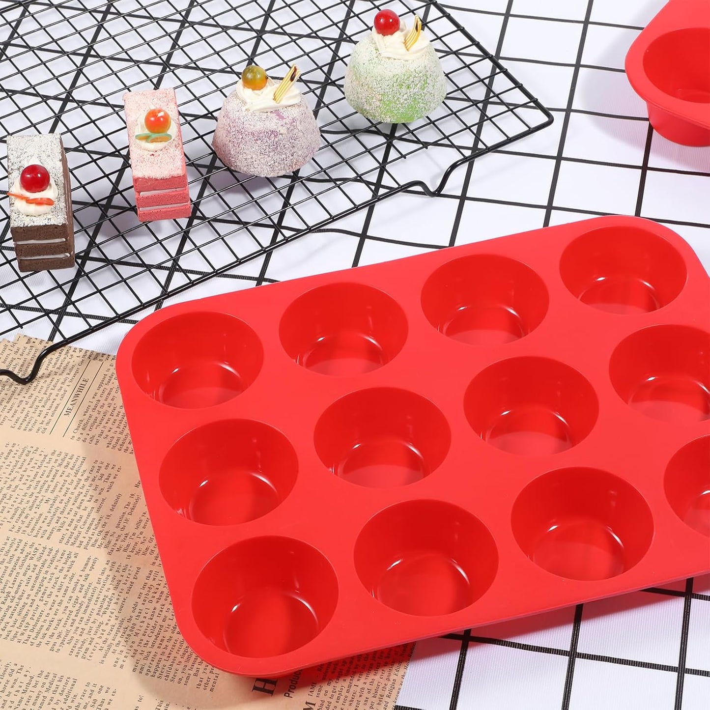 3 Pcs Silicone Muffin Pan Set, Silicone Muffin Pans for Baking Red 24/12/6 Cups Mini/Regular/Large Non-Stick Cupcake Pan for Kitchens, Restaurants, Bakeries