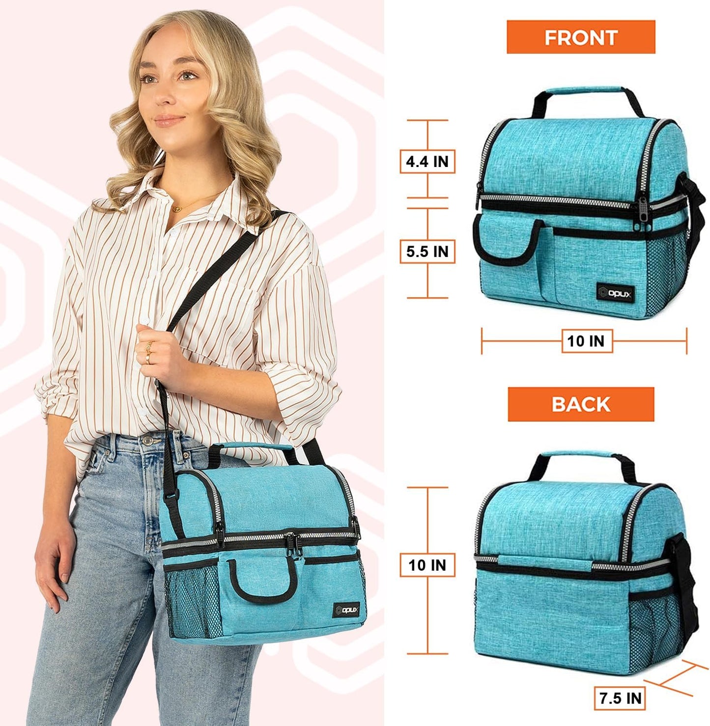 opux Insulated Lunch Bag Women Men, Dual Compartment Leakproof Lunch Box Adults Kids, Double Decker Meal Prep Bento Lunch Cooler Tote with Shoulder Strap for Work Office School Travel, Floral Purple