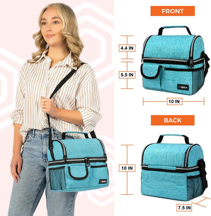 opux Insulated Lunch Bag Women Men, Dual Compartment Leakproof Lunch Box Adults Kids, Double Decker Meal Prep Bento Lunch Cooler Tote with Shoulder Strap for Work Office School Travel, Floral Purple