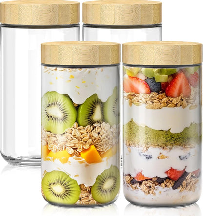 6 Pack 16oz Overnight Oats Containers with Bamboo Lids, Glass Jars with Airtight Lids for Meal Prep, Wide Mouth Mason Salad Jars, Glass Food Storage Container for Yogurt Chia Snacks Spice Sugar
