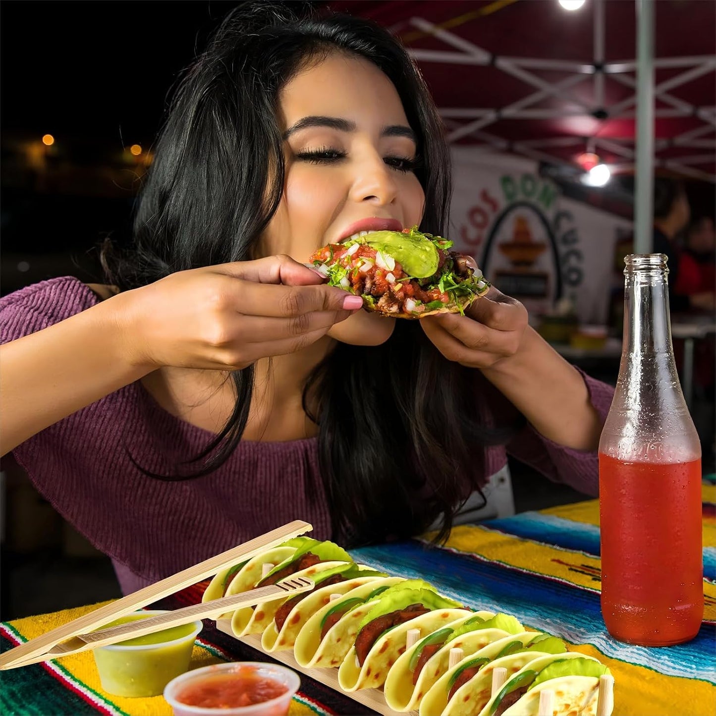 Kigley Wood Taco Holder Set of 4 Bamboo Mini Taco Tray with Tong Stand with Handle Wooden Rack, Each Holds 8 Soft or Hard Shell for Charcuterie Food Kitchen Gifts Accessories Home