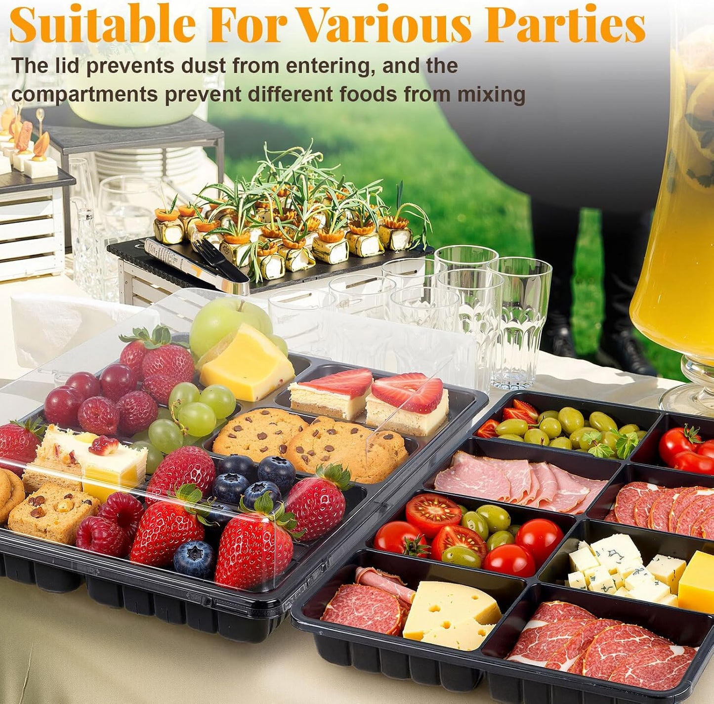 Shellwei 5 Pack 8 Compartments Divided Charcuterie Board with Lid Large 15 x 10 Inch Disposable Catering Serving Trays with Lid Reusable Plastic Serving Platter