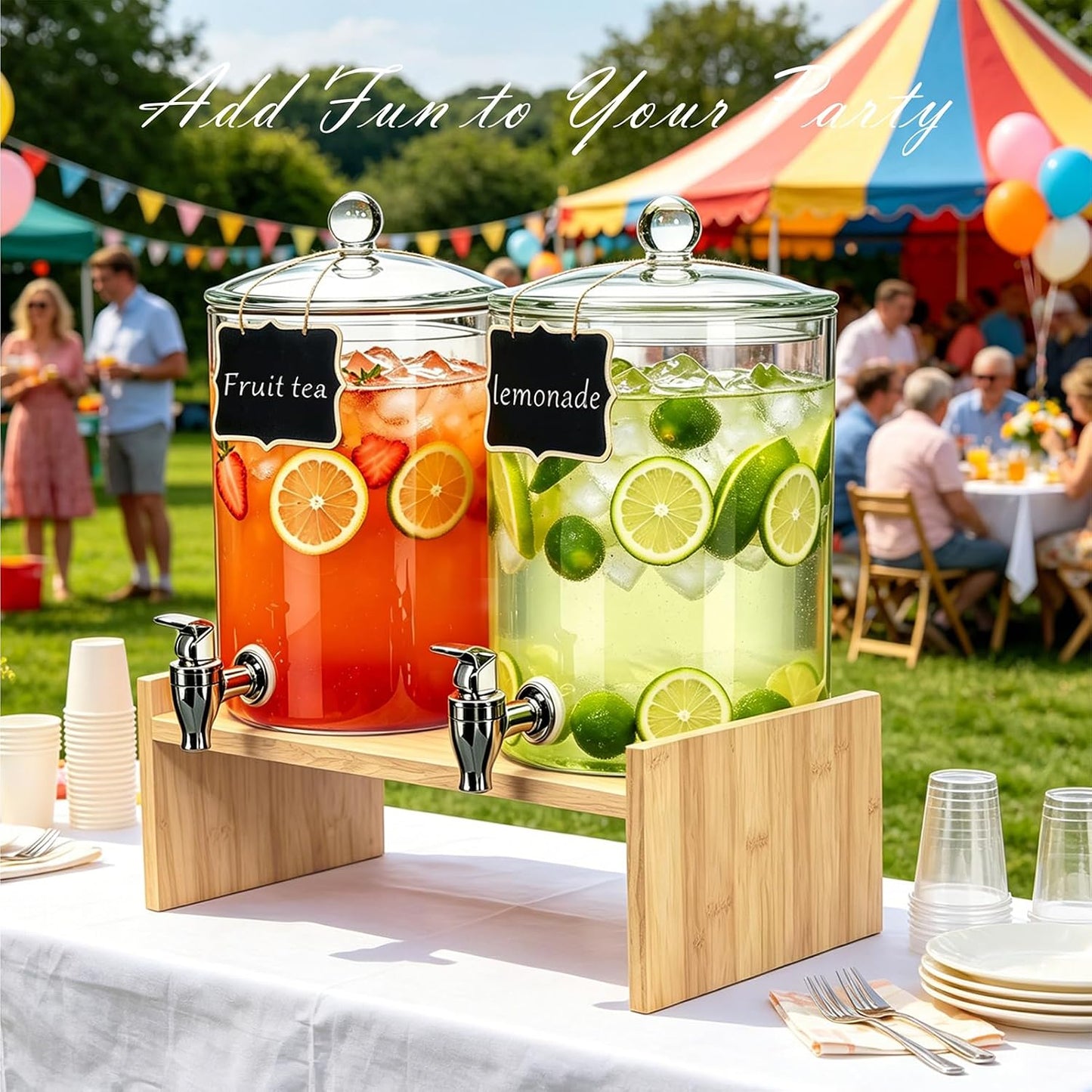 Glass Drink Dispenser with Bamboo Stand & Lid,2 Pack 1.3 Gallon Large Beverage Dispenser with Spigot,Iced Tea Water Juice & Lemonade Dispenser for Parties,Dishwasher Safe