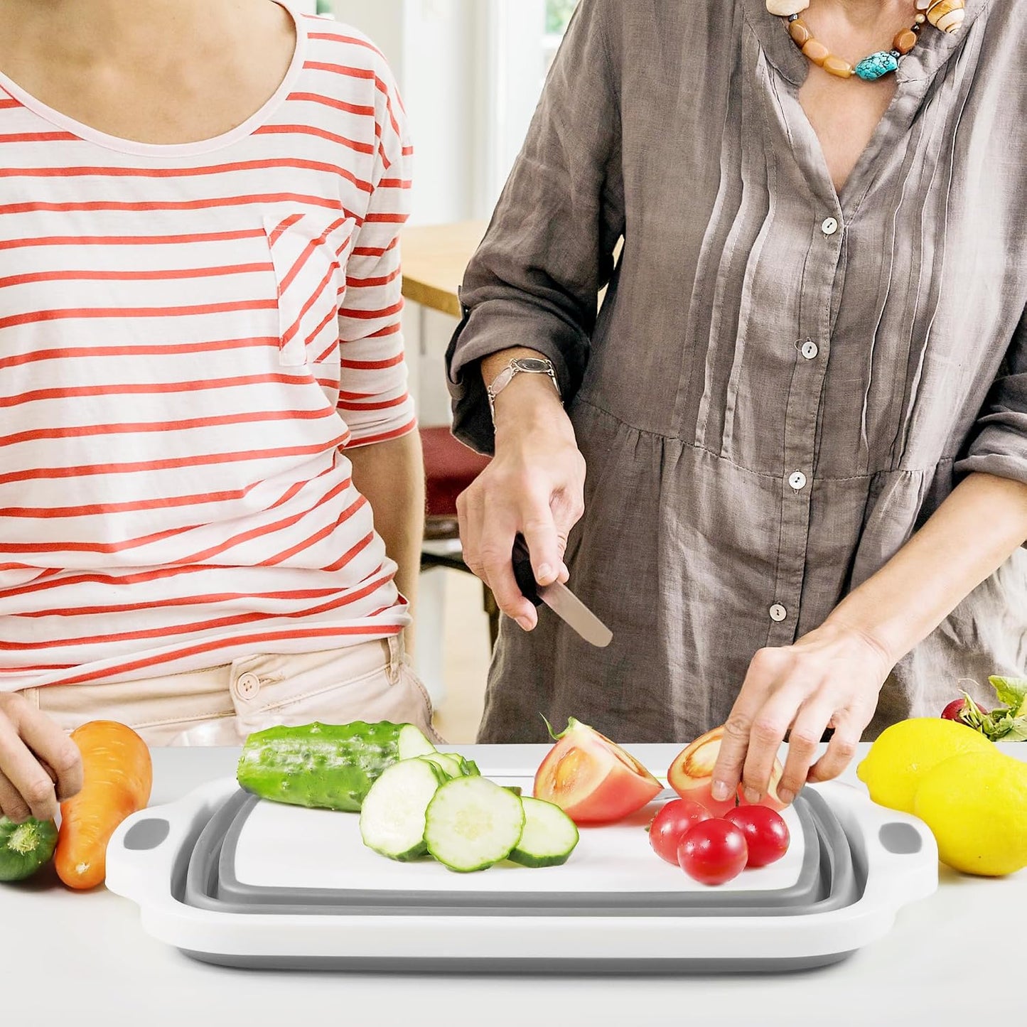 2 Pack Collapsible Cutting Board, Foldable Dish Tub with Draining Hole, Portable Chopping Board with Colander, 3 in 1 Multifunction Camping Sink for Washing Dish, Bowl, Vegetables and Fruit