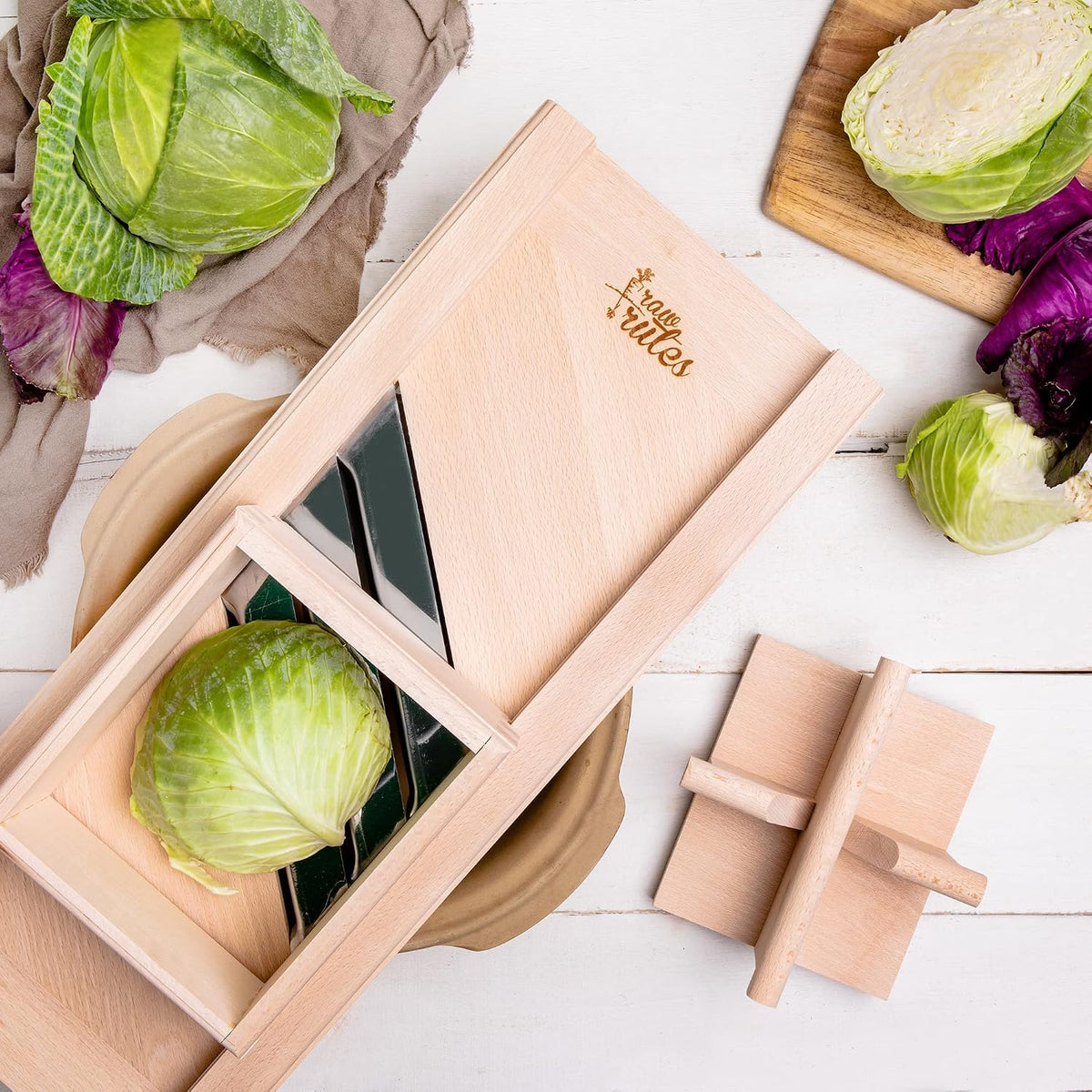 Traditional Wooden Cabbage Shredder Slicer with Hand Guard for Finely Cut Sauerkraut and Coleslaw - Heirloom Quality - Made in Europe - Beech Wood - Stainless Steel Blades