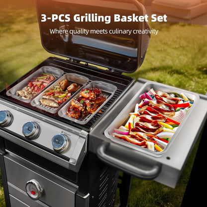 Grill Basket Set, 3-Piece Stainless Steel Grill Topper Pans for Outdoor Grill with BBQ Prep Tray, Grilling Baskets Barbecue Accessories for Vegetables, Fish, Meat, and Seafood