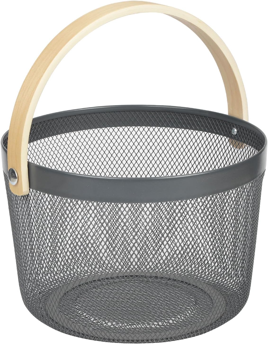 IBWell Bucket-Shape Metal Wire Woven Fruit Storage Bowl Basket with Wooden Handle, Large Black Mesh Fruit Stand, Multi-function Hanging Kitchen Baskets (Blue Grey)