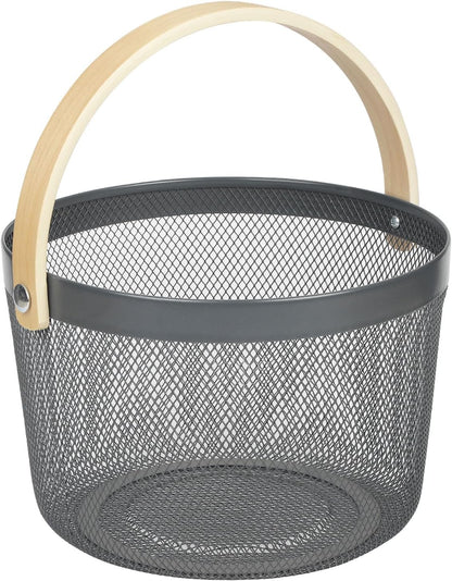 IBWell Bucket-Shape Metal Wire Woven Fruit Storage Bowl Basket with Wooden Handle, Large Black Mesh Fruit Stand, Multi-function Hanging Kitchen Baskets (Blue Grey)