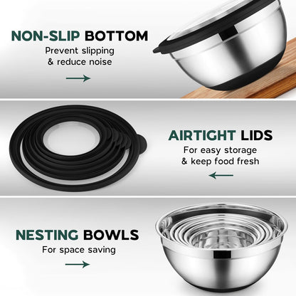 Onader Colorful Mixing Bowl Set of 6 for Kitchen, Large Stainless Steel Metal Nesting Mixing Bowls with Airtight Lids, Non Slip - Size 0.7, 1, 1.5, 2, 2.6, 4.6QT