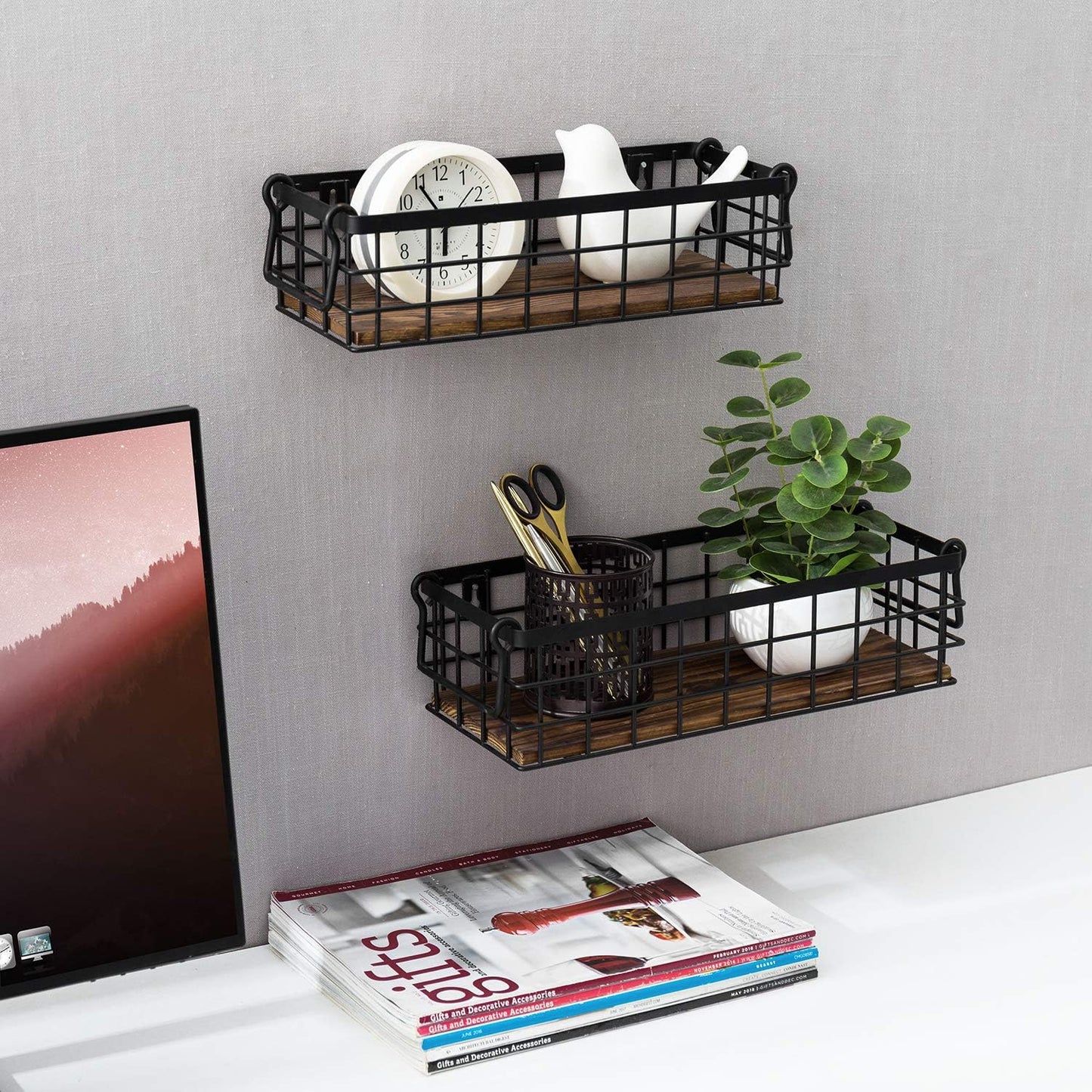 MyGift Set of 2 Black Wire Baskets for Organizing – Storage Baskets/Pantry Baskets for Shelves & Wall