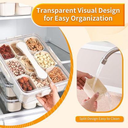 VIDONIO Divided Serving Tray with Lid & Handle - 9 Compartments Portable Snack Platter Organizer Fresh-Keeping Box for Candy Fruit Nuts Spice Charcuterie Container for Entertaining Party Travel Picnic