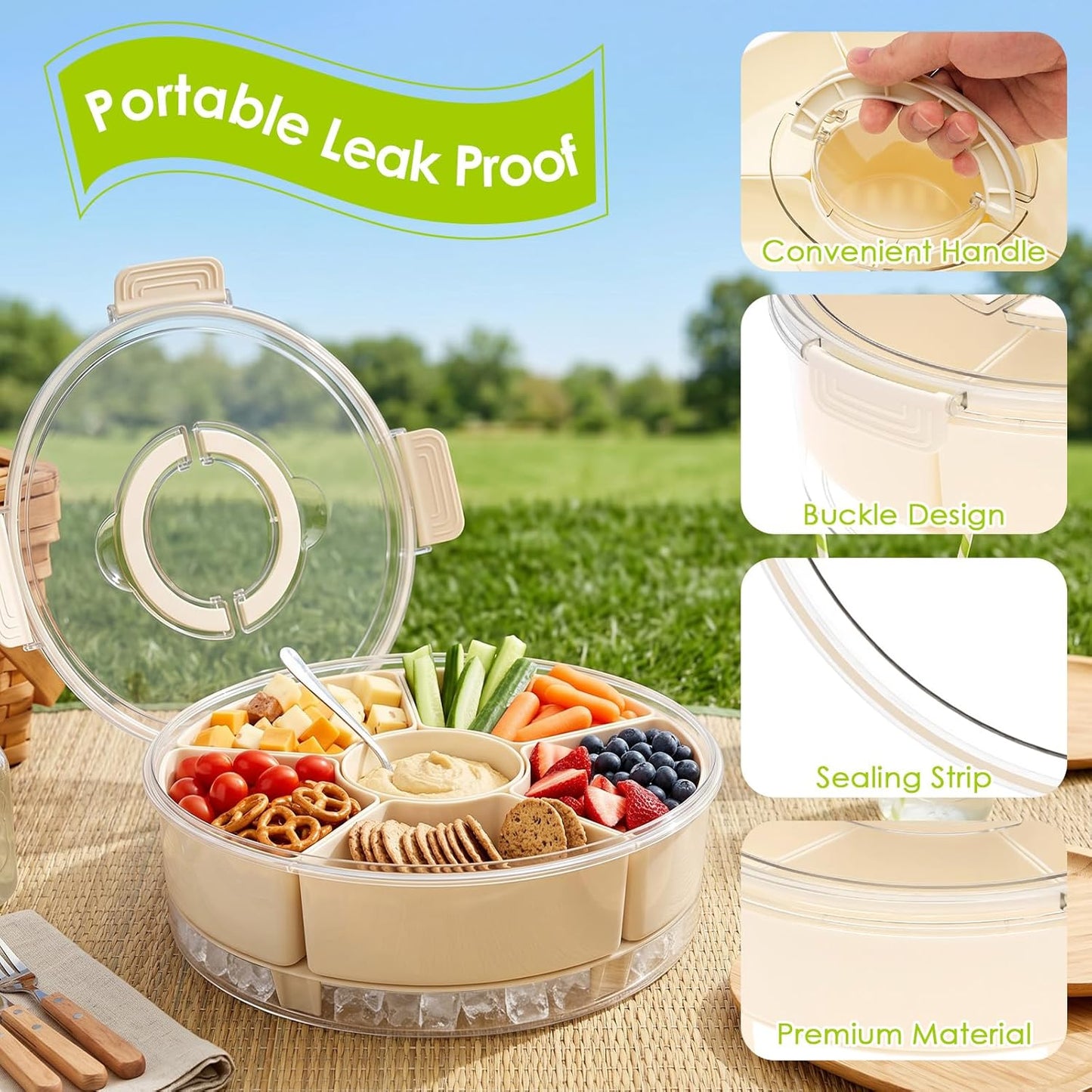 Snack Box Container with Ice Chill Base, 6 Divided Serving Tray with Lid, Handle, Protable Travel Snackle Box Container, Round Veggie and Fruit Tray for Beach, Travel, Picnic, Camping, Kitchen, Party