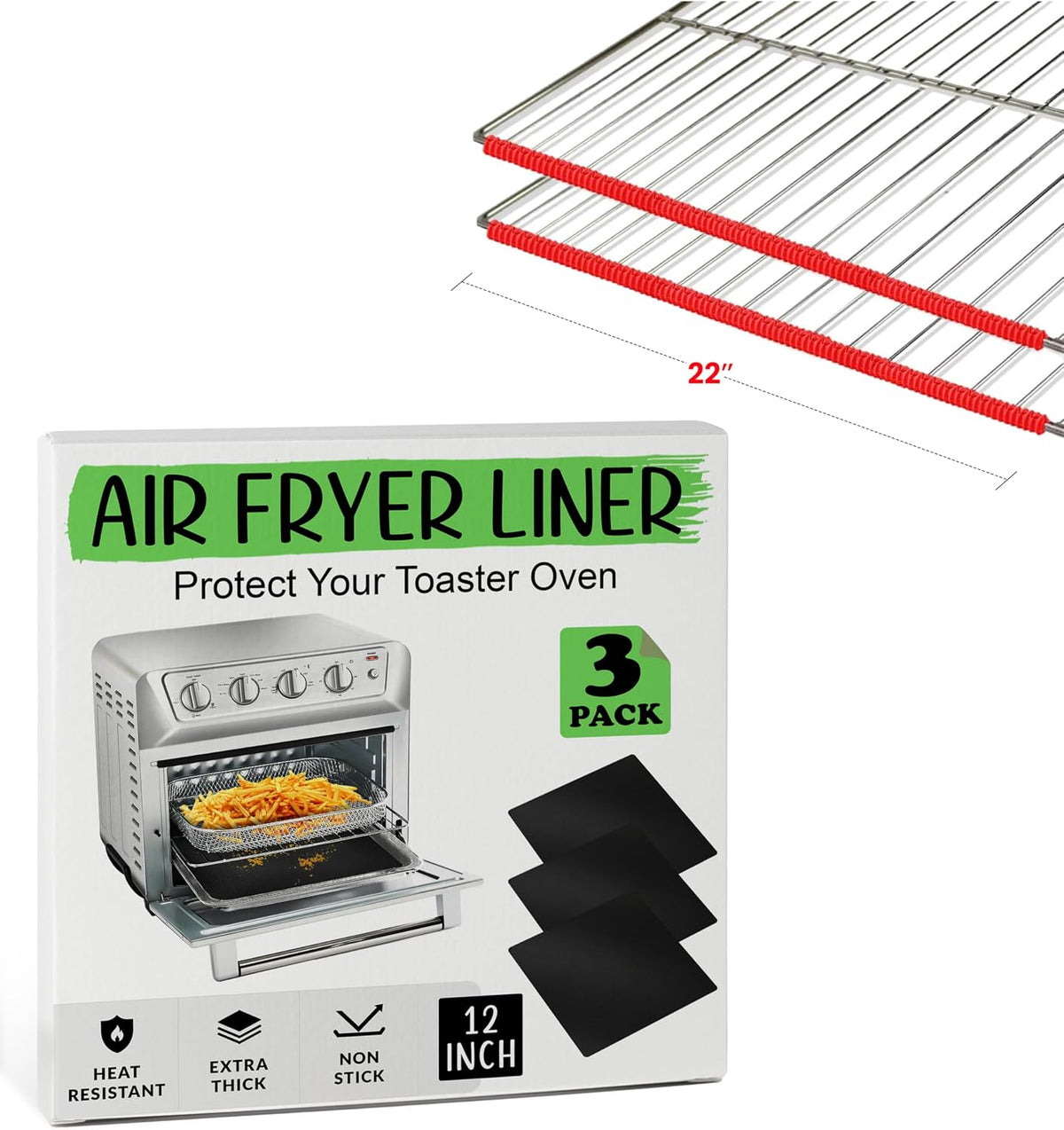 Toaster Oven Liners Reusable for Ninja Air Fryer Bottom Heat Resistant Mat 3 Pack, Oven Rack Shields Extra Long 22” Red 2 Pack, Heavy Duty Nonstick Square Air-Fryer Mats & Silicone Rack Covers