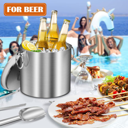 Ice Bucket with Lid & Tong- Well Made Insulated Stainless Steel Keep Ice Frozen Longer - Ideal for Cocktail Bar, Parties, Chilling Wine, Champagne - 3 Liter (Black)