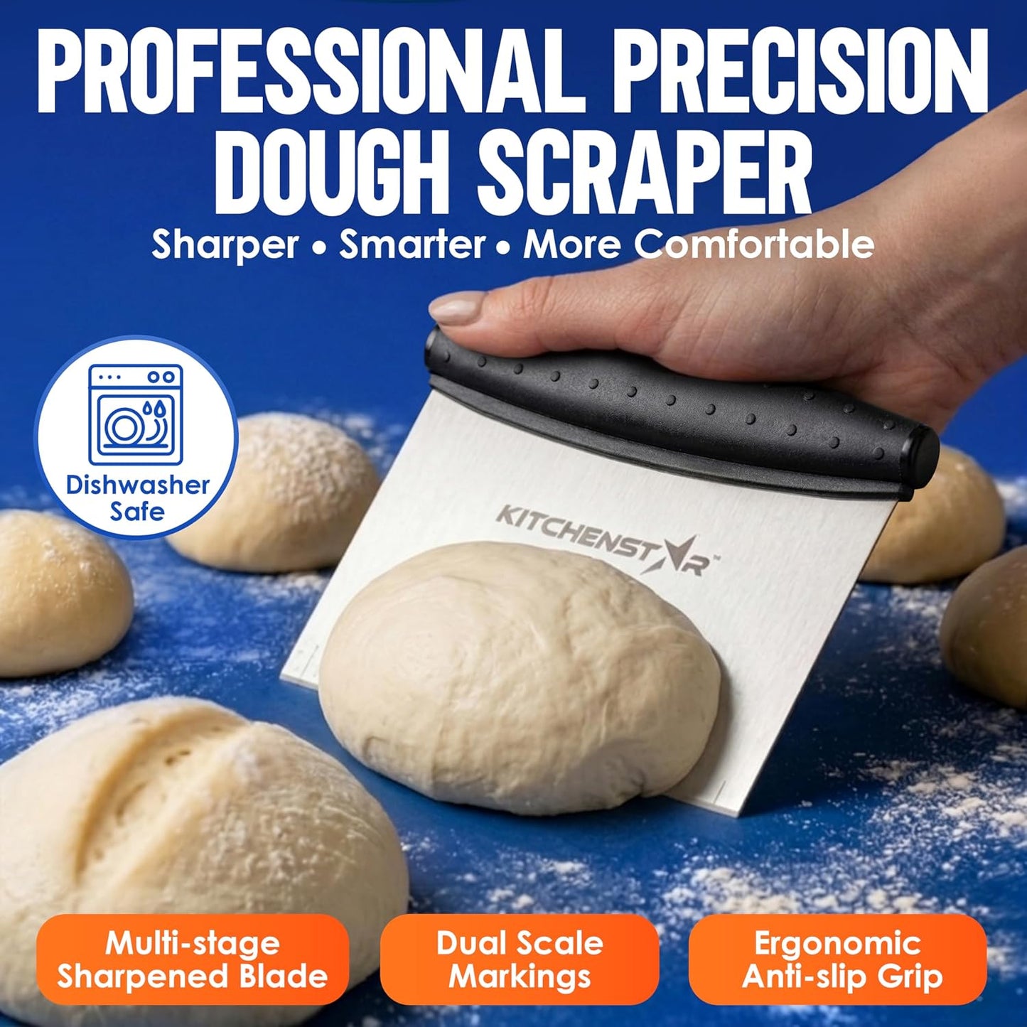 KitchenStar Dough Scraper 6-inch, Stainless Steel Bench Scraper with Measurement Markings & Non-Slip Handle, Pastry Cutter for Bread, Pizza & Vegetables, Dishwasher Safe
