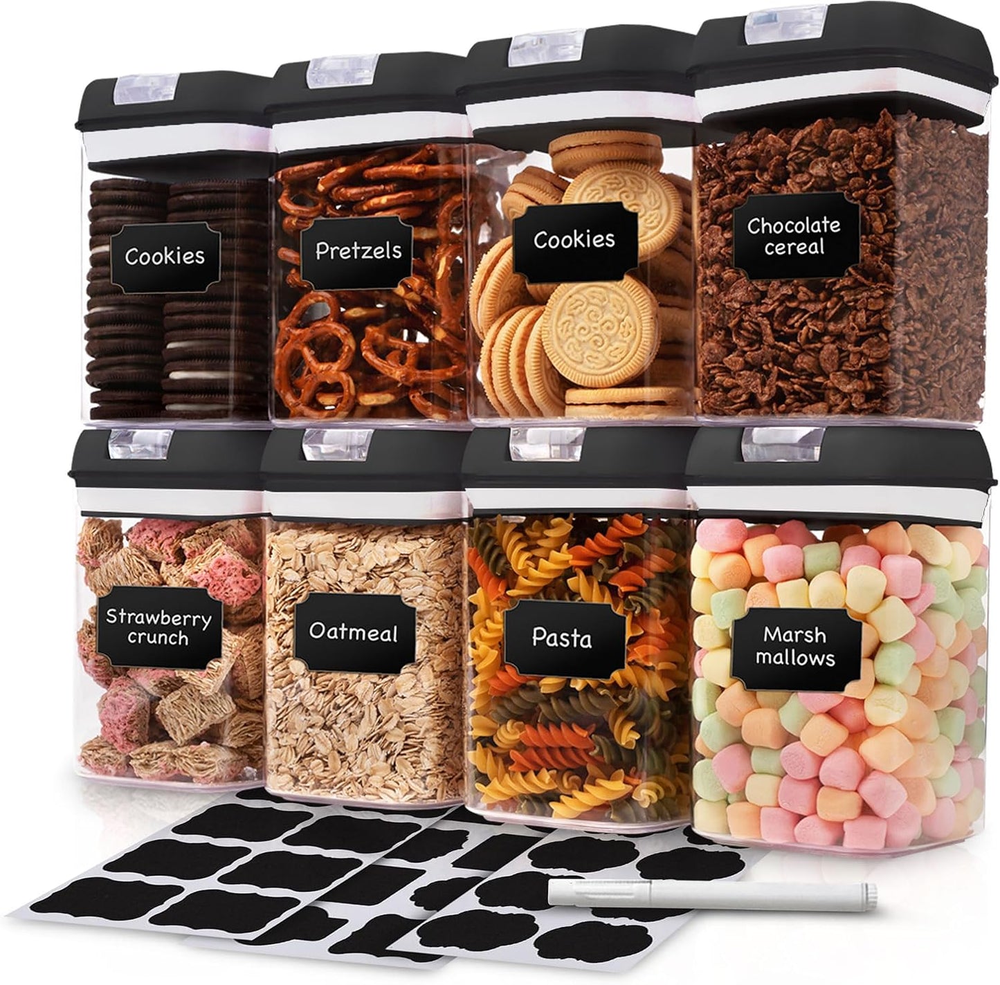 Set of 8 Airtight Food Storage Containers - Pantry Organizer Bins, BPA Free Plastic Containers plus Dry Erase Marker and Labels, Pink