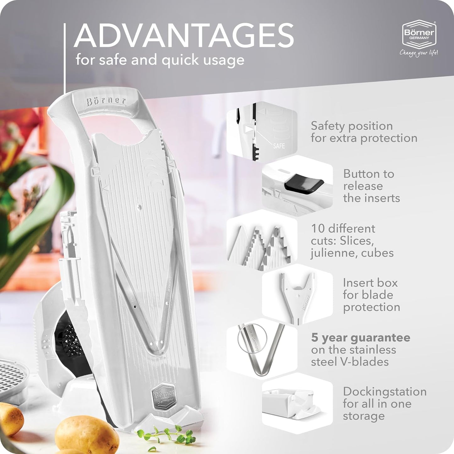 Börner Mandoline Slicer V5 (Basic Set) • Vegetable V-Slicer for Slices in 4 Thickness Settings • Stainless Steel V-Blade • Adjustable Kitchen Slicer for Vegetables & Fruits • Color: Green