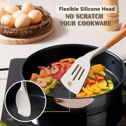 E-far Silicone Cooking Utensils Set, 5-Piece Kitchen Utensils Set with Wooden Handle for Cooking, Silicone Kitchen Nonstick Tools Spatula Turner Slotted Spoons, Nontoxic & Heat Resistant-Khaki