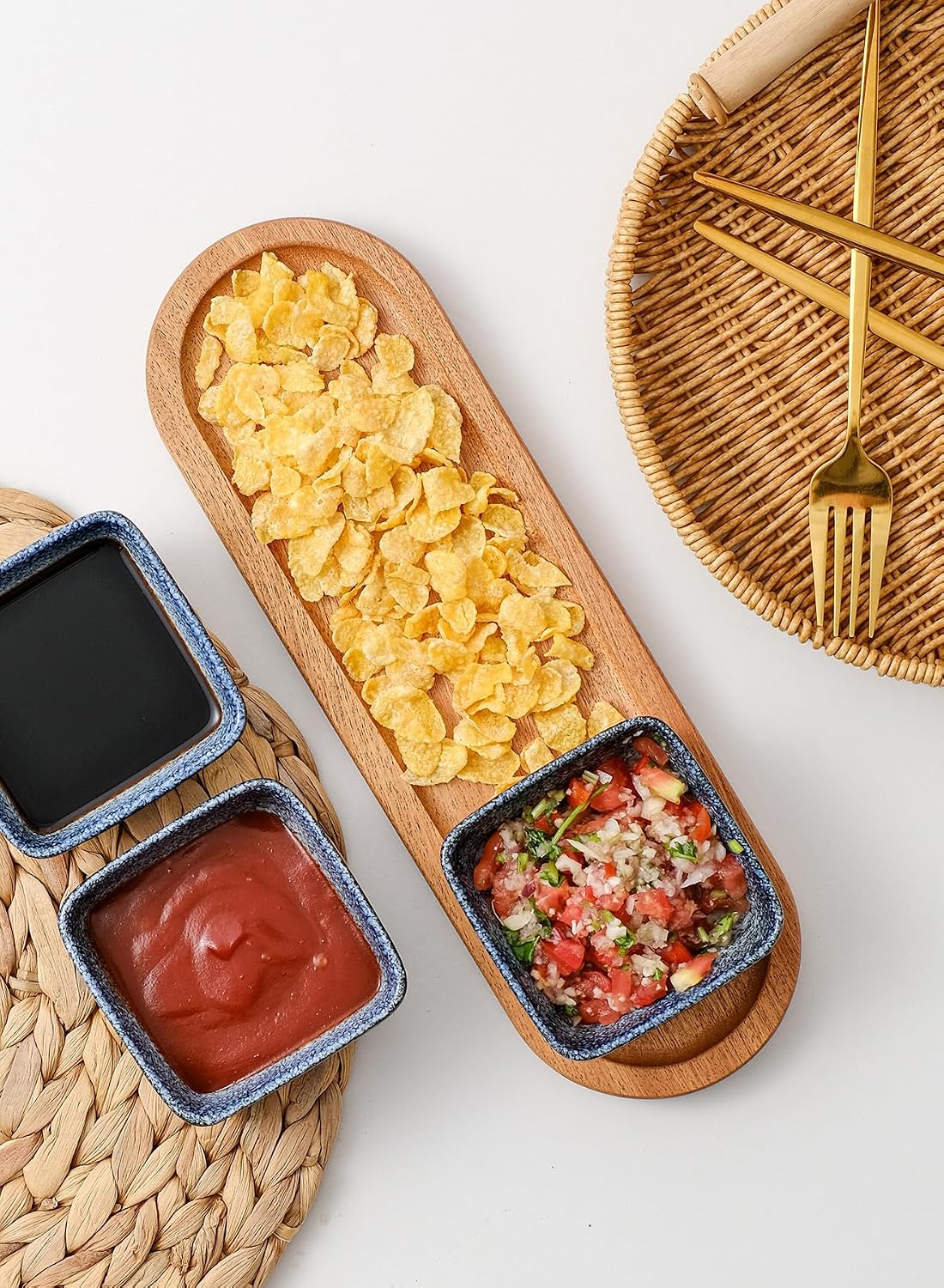 Chip and Dip Serving Set, Ceramic Dipping Sauce Bowls with Wooden Tray, 3.5 inch Side Dishes Set of 3 for Entertaining, Party, Buffets, Appetizers, Snacks and Sushi, Blue