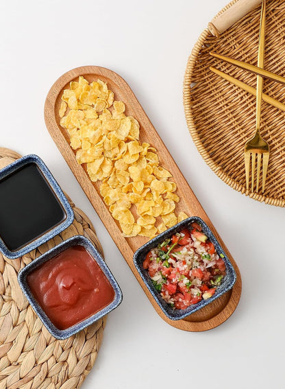 Chip and Dip Serving Set, Ceramic Dipping Sauce Bowls with Wooden Tray, 3.5 inch Side Dishes Set of 3 for Entertaining, Party, Buffets, Appetizers, Snacks and Sushi, Blue