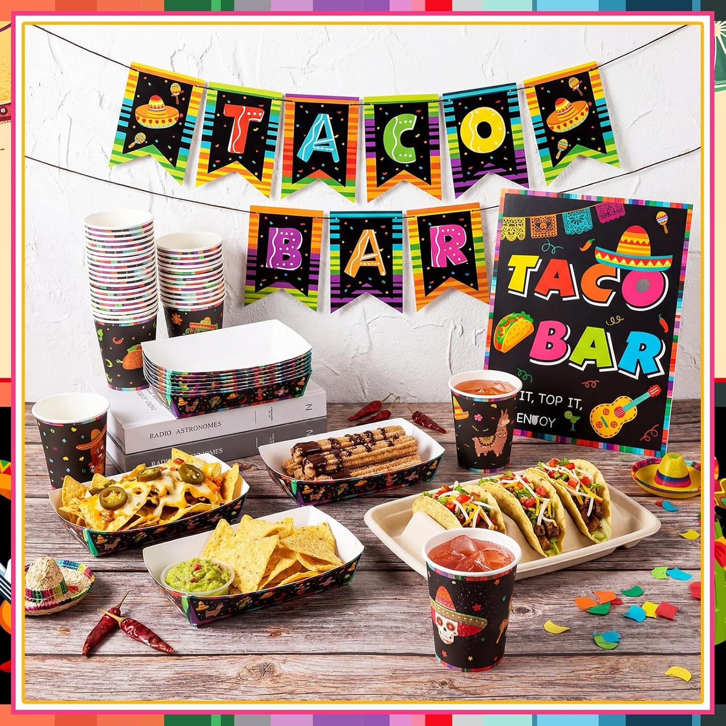 31 Pcs Taco Bar Supplies Kit Serving Party Mexican Party Decoration Fiesta Tacos Food and Tequila Decoration Fiesta Bar Sign 3 Dividers Food Trays Paper Cups and Snack Holder for Taco Tuesday Supplies
