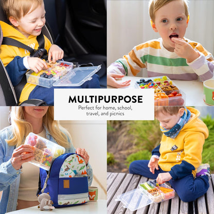 Large Kids Snack Box Containers Set of 2 -100 Labels, BPA-Free, Adjustable Compartments, Dishwasher Safe, Reusable Tray, Food Grade, Meal Prep Container, PARENT TESTED PARENT APPROVED AWARD (Clear)