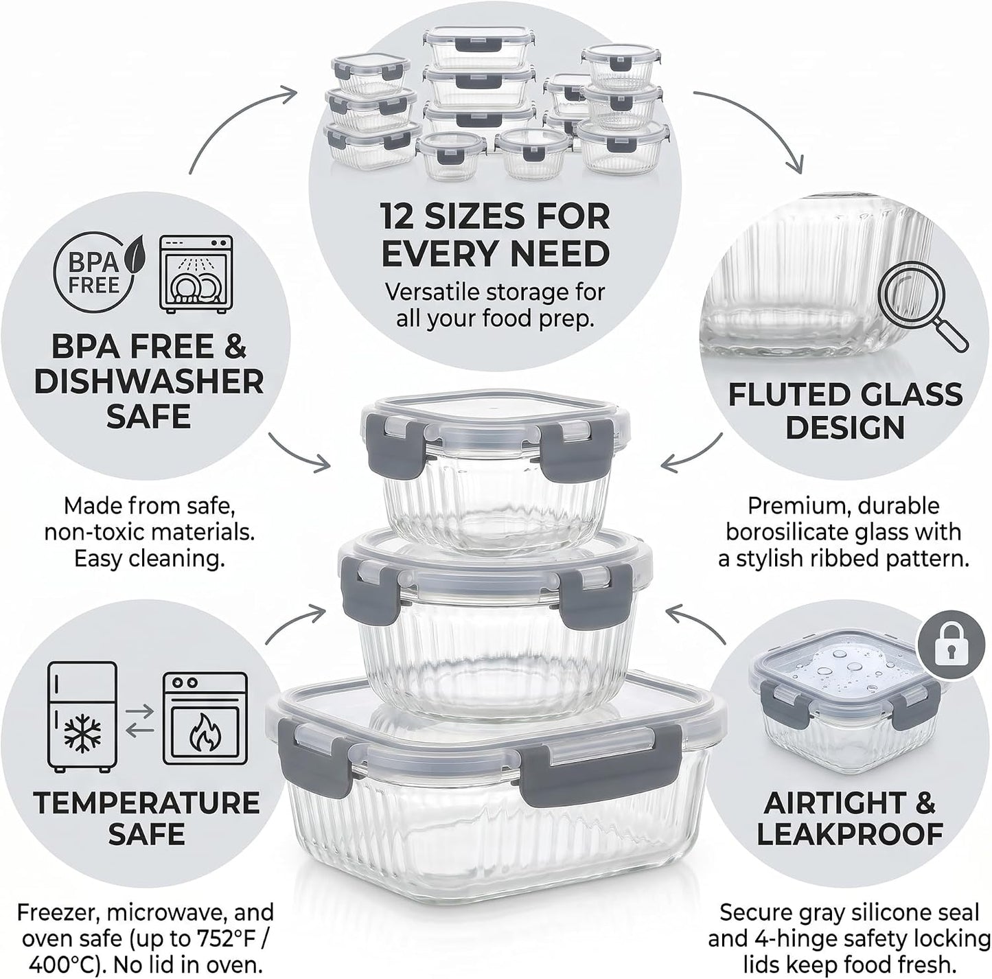 Glass Food Storage Containers with Lids, 12 Piece Glass Meal Prep Containers Set, Airtight Leakproof Snap Lock Lids, BPA-Free, Freezer Microwave Oven Dishwasher Safe, Ribbed Glass Containers