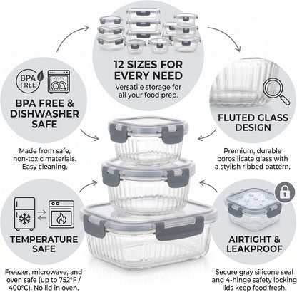 Glass Food Storage Containers with Lids, 12 Piece Glass Meal Prep Containers Set, Airtight Leakproof Snap Lock Lids, BPA-Free, Freezer Microwave Oven Dishwasher Safe, Ribbed Glass Containers