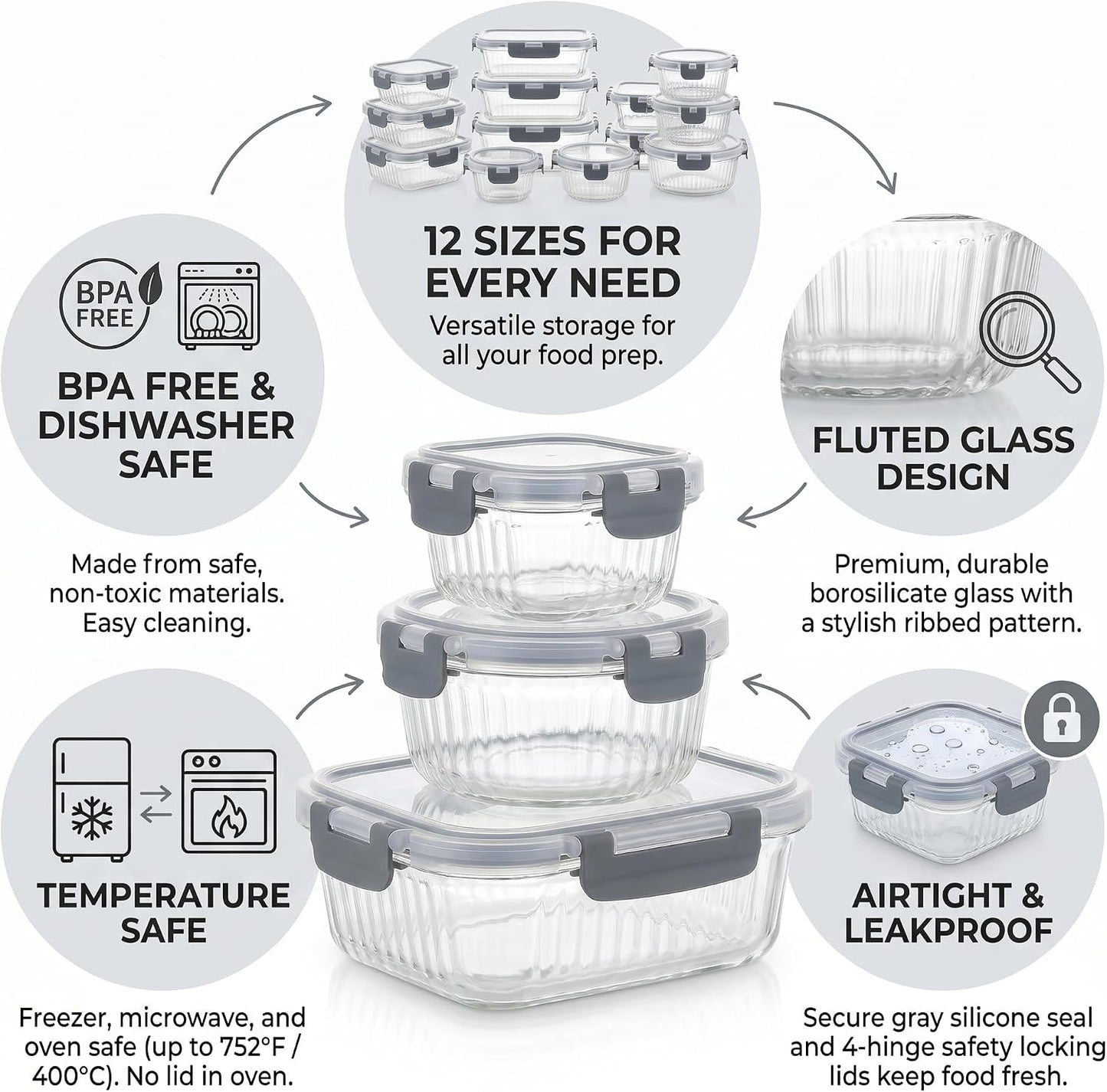 Glass Food Storage Containers with Lids, 12 Piece Glass Meal Prep Containers Set, Airtight Leakproof Snap Lock Lids, BPA-Free, Freezer Microwave Oven Dishwasher Safe, Ribbed Glass Containers